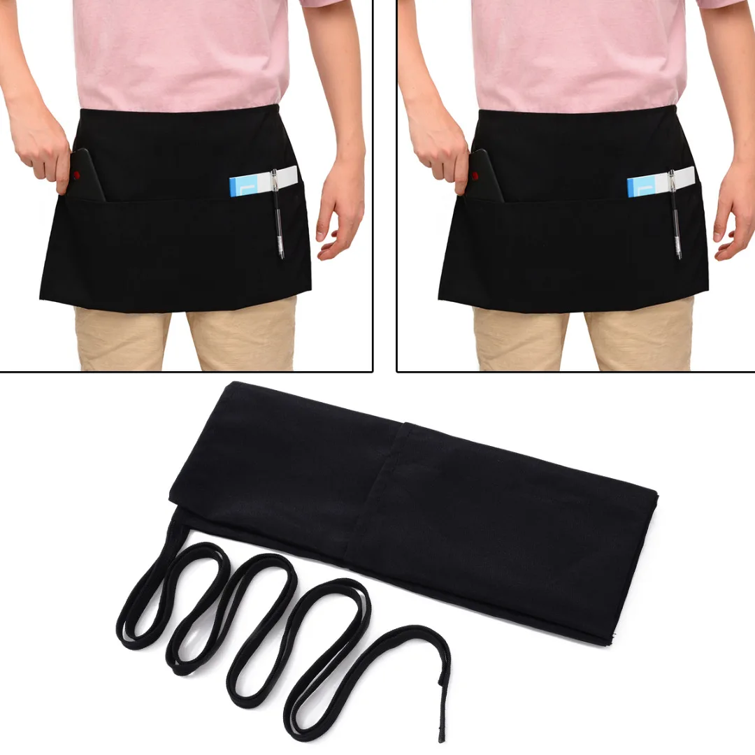 Restaurant Waiters Waitress Chef Kitchen Accessories 2 Style Black Waist Half Short Apron with Pockets