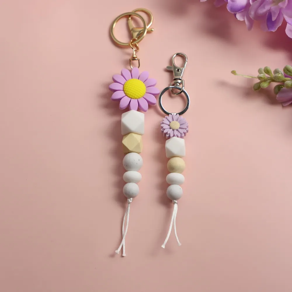 Fashion Summer Candy Colored Silicone Beads Parent-child Keychain Cute  Sunflower Pendant Mommy And Me Family Keychain