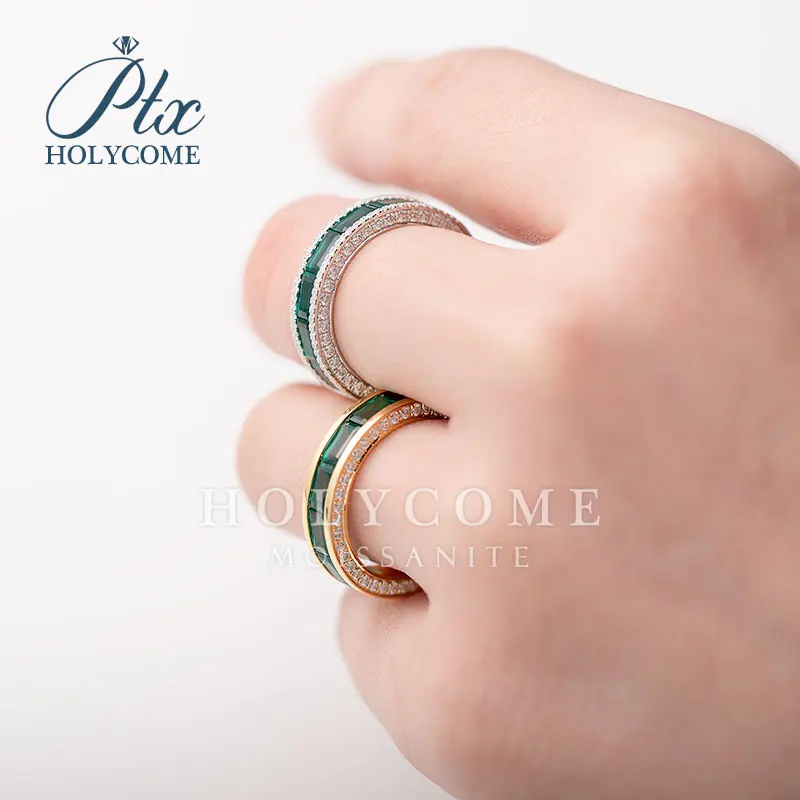 2023 Custom make  gems silver plated 18k gold GREEN  emerald cut moissanite diamond wedding ring for women Holycome