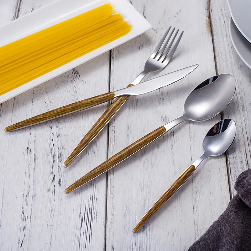 16PCS Western Portable Wood Grain Handle Flatware Stainless Steel Spoon And Fork Set
