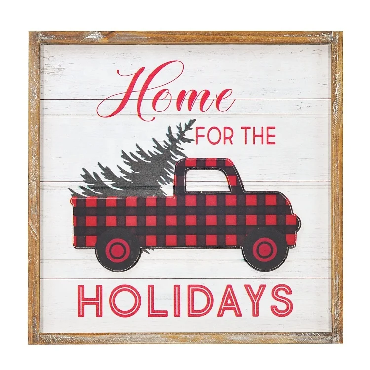 IVYDECO Christmas Decoration Supplies Vintage Farmhouse Wood Framed 3d Tree Scottish  Plaid Star Car Element painting Wall Art