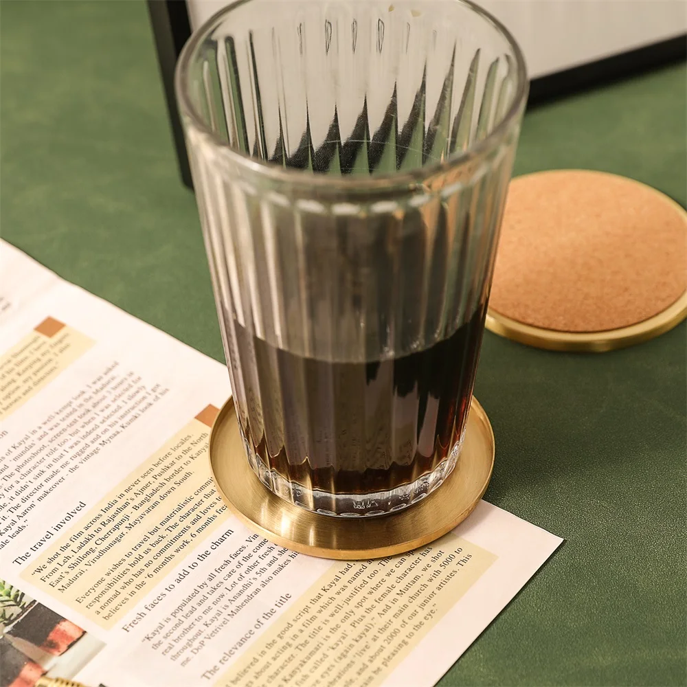 Maxery Wholesale Customized brass coaster Engrave Blank Luxury Brass Rim Round Brass Tea Cup Coaster with Cork Mat