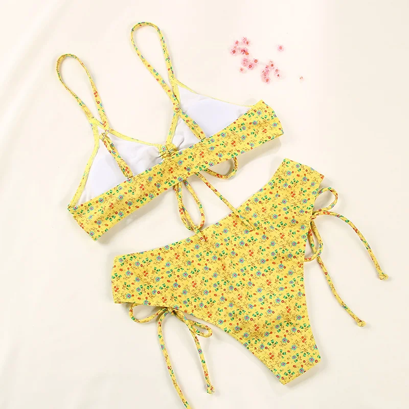 OEM 200pcs customized Newest Bikinis Micro Thong Bandage Swimwear Women Summer Bikini Set Floral Print  Beach Wear