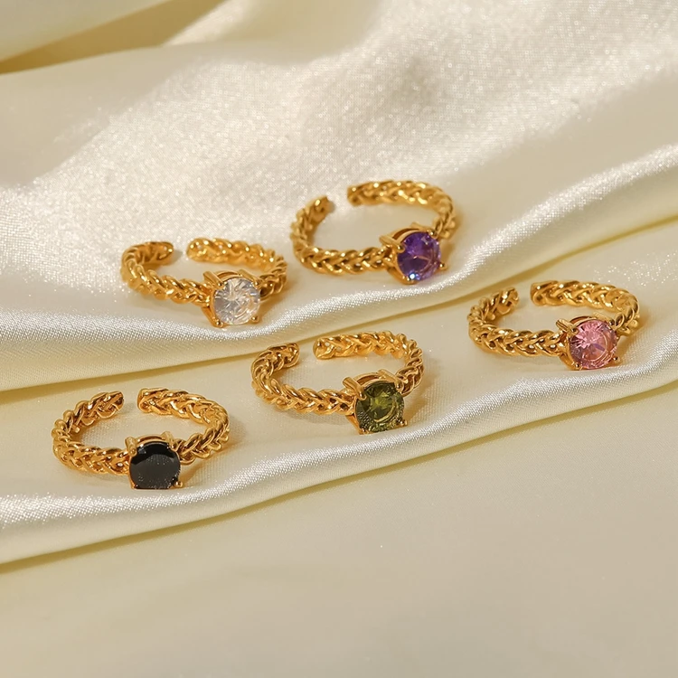 18K gold plated cubic zirconia rings adjustable fashion female woman stainless steel rings wholesale