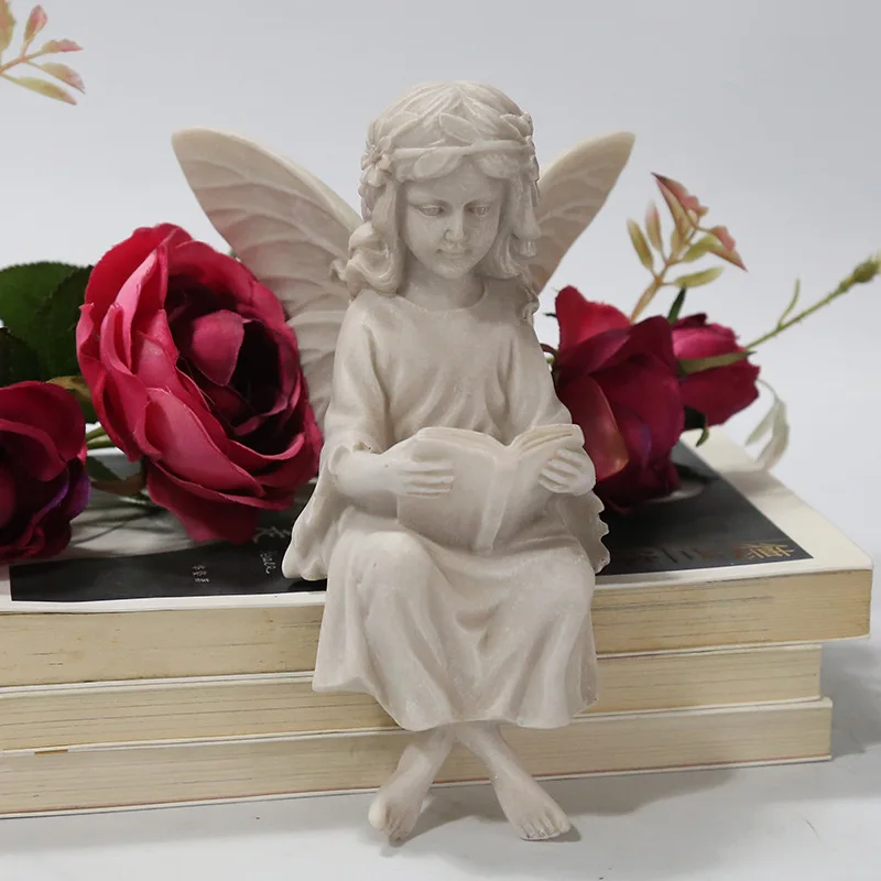 New Arrived Resin Handicrafts Cartoon Beautiful White Antique Flower Angel Girl Read Statues Ornaments For Home Decorations
