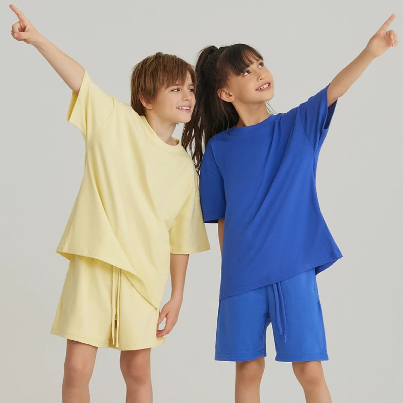 Custom logo kids short-sleeved tshirt shorts tracksuit 100% cotton children casual streetwear t-shirt sets