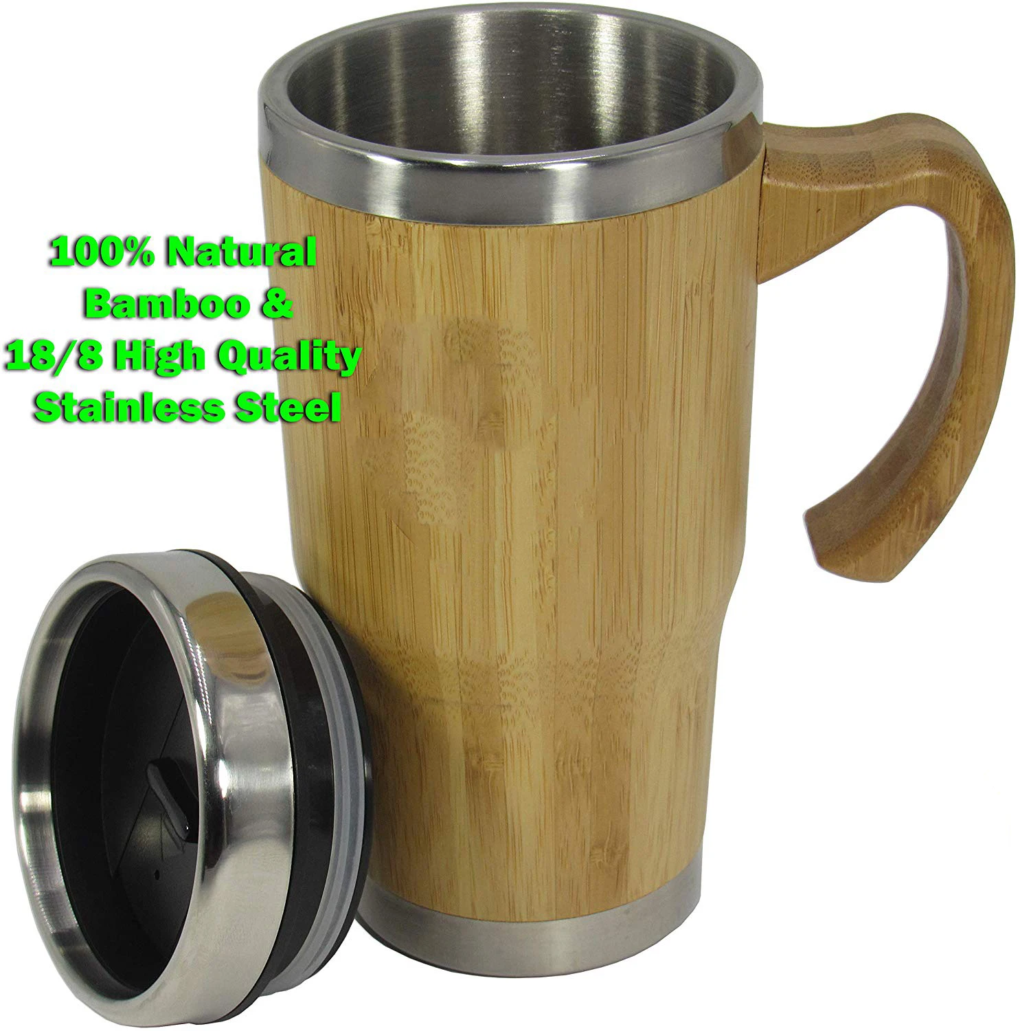 Bamboo Travel Mug with Handle - Leak Proof Lid, Eco-Friendly Tumbler Insulated, Splash Proof Cup for Coffee or Tea. 16 Oz