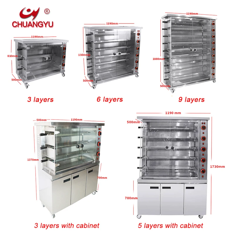 Chuangyu high capacity popular design 3/6/9 rods gas commercial chicken rotisserie with CE certification