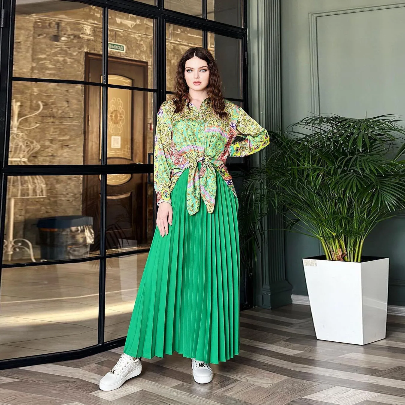 Women Modest Set Fashion Loose Patchwork Button Long Tops Blouse Elegant High Waist Pleated Skirt 2pcs Suit