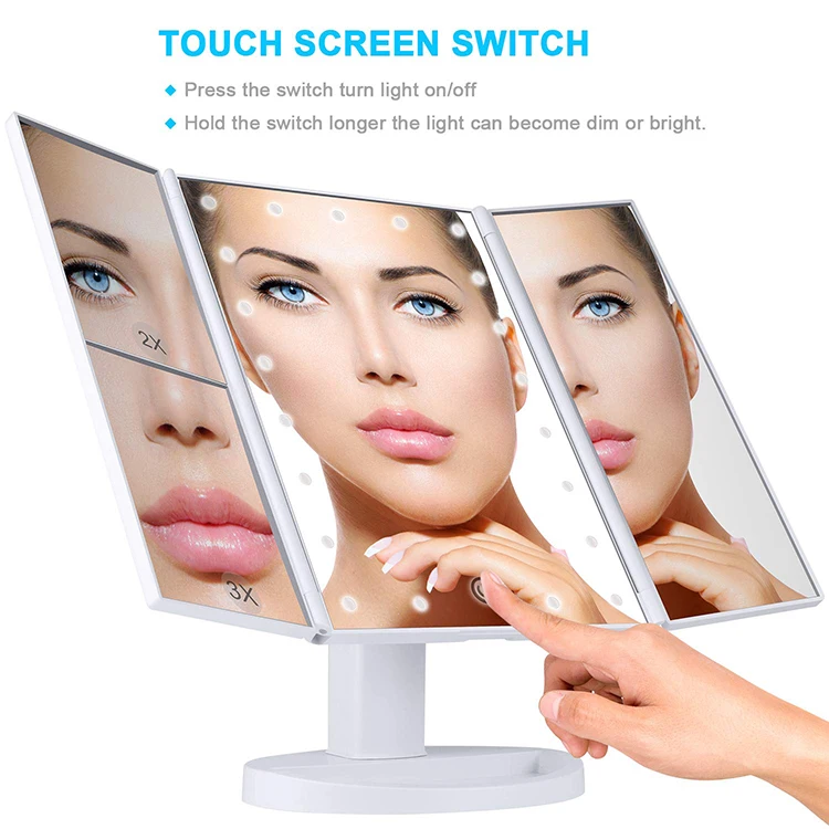 
OEM Service Professional Luminous LED Cosmetic Mirror With Lamp Touch Screen Tabletop Make Up Mirror Folded On Three Sides 
