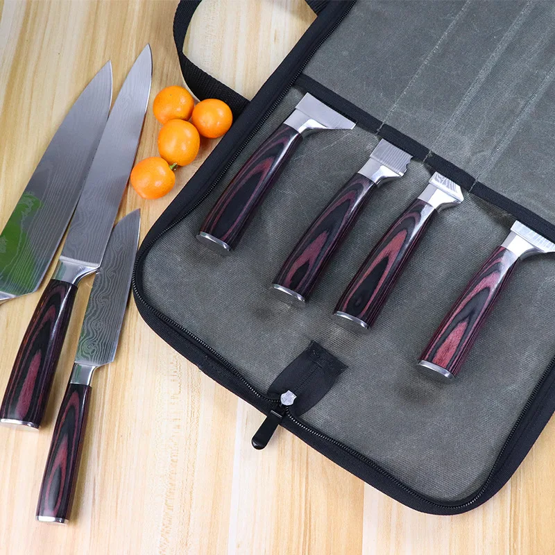Custom Potable Kitchen Knife Storage Bag Chef Knife Roll Organizer Heavy Duty bbq Waxing Canvas Handheld chef Knife Roll Bag
