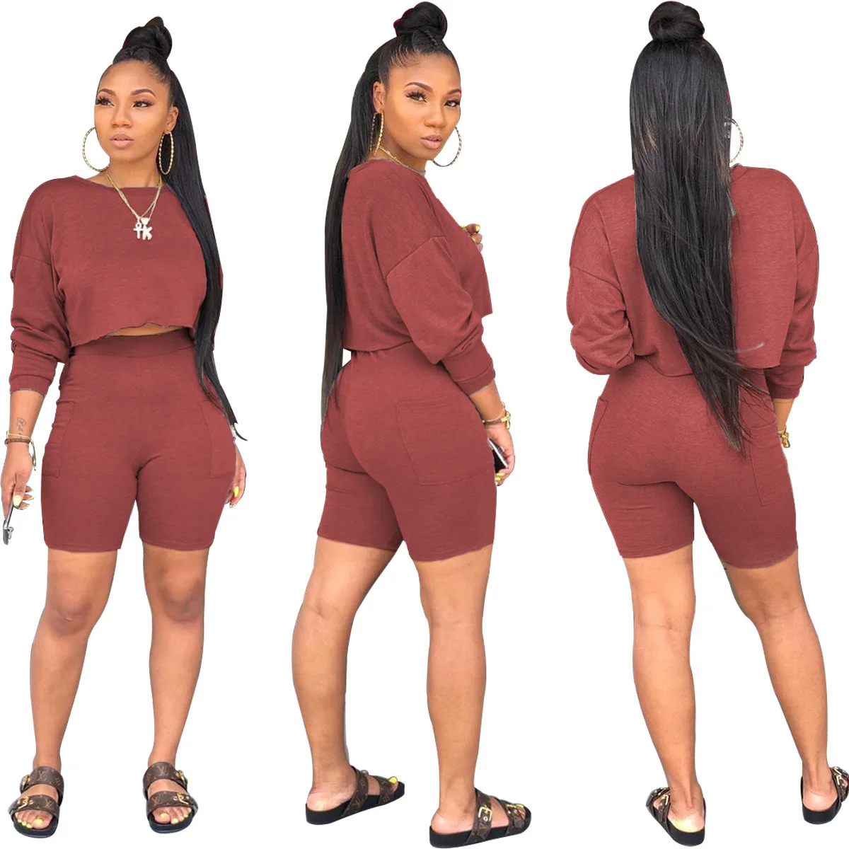 Fashion Round Neck Long Sleeve Sweater Pocket Shorts Lounge Wear Sets 2 Piece Set Women Active Clothing