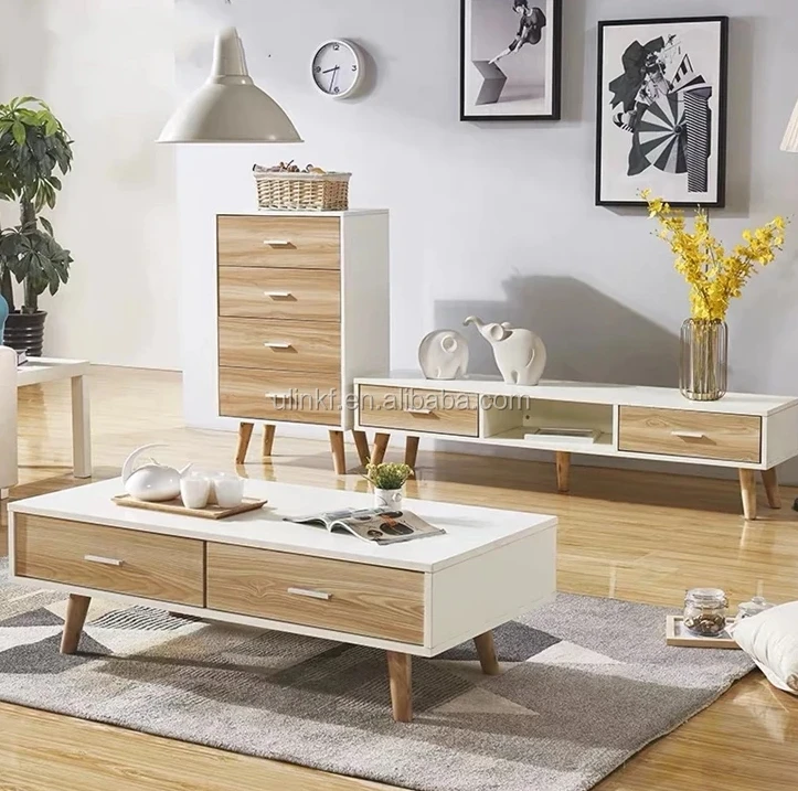 White Color Home Wooden Furniture Coffee Table Melamine Laminated Board TV Stands