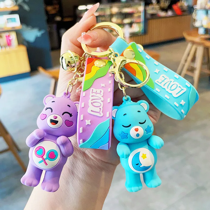 Hot Sale In Stock Promotion 3D Cartoon Rainbow Bear Key Chain Small Cute Key Ring 3D Cheap Gifts For Kids