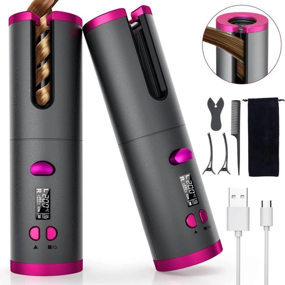 Auto-Rotating Ceramic Hair Curler Wireless LCD Display Temperature Electric Home Garage Use Rotating Curling Iron for Car Hotel
