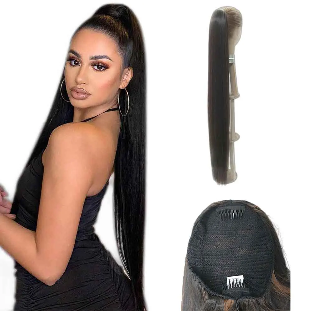 Novelties Wholesale Silky Synthetic Hair 36 Inch Yaki Straight Hair Extension Hairpiece Drawstring Ponytails Long Size Pony Tail
