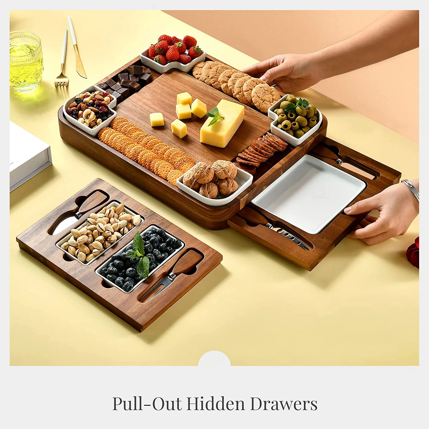 Acacia Cheese Board Set, Square Shaped Charcuterie Set, Cheese Platter Handcrafted Design