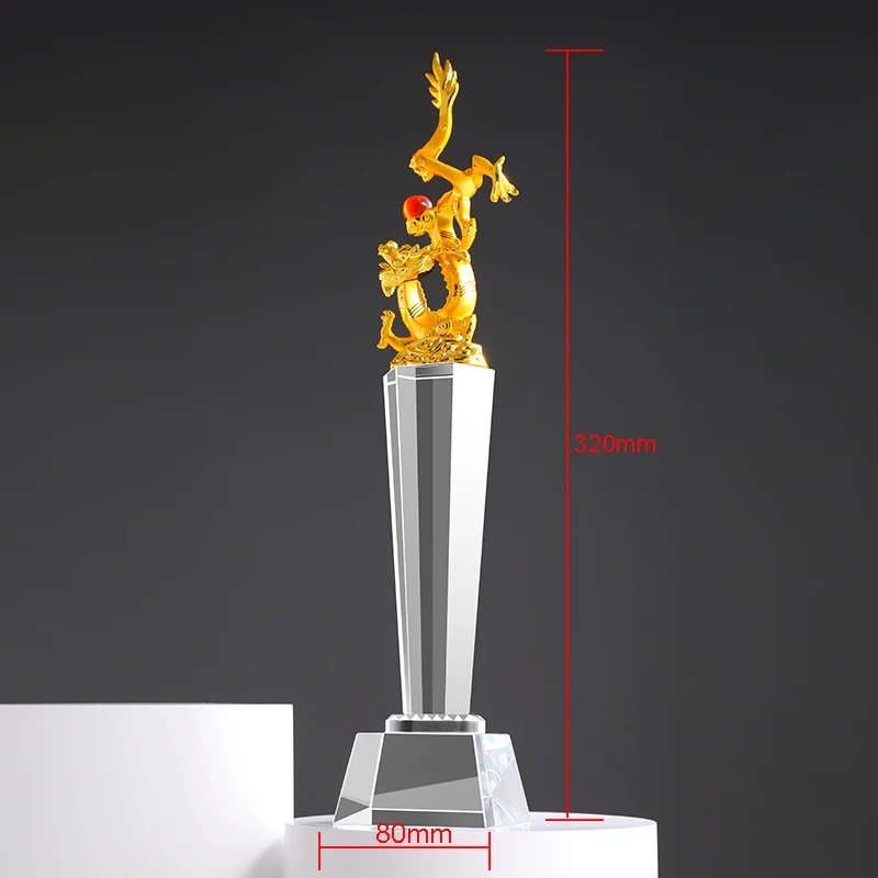 Slap-up Gold Metal Dragon Statue Customized Art Crystal Base Trophy Award With Gift Box