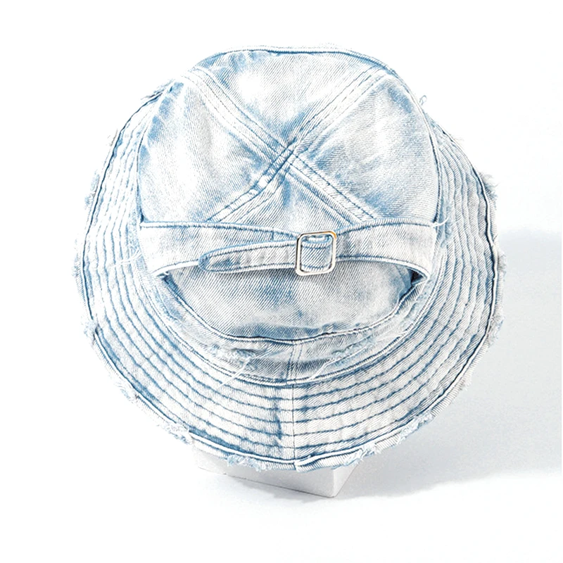 Fancy metal buckle decoration hot sell distressed bucket hat fancy design women washed jeans bucket hat