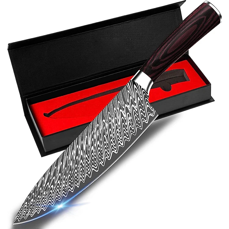 8-дюймовый лазерный нож для резки кухонного ножа из нержавеющей стали с эргономичной цветной деревянной ручкой