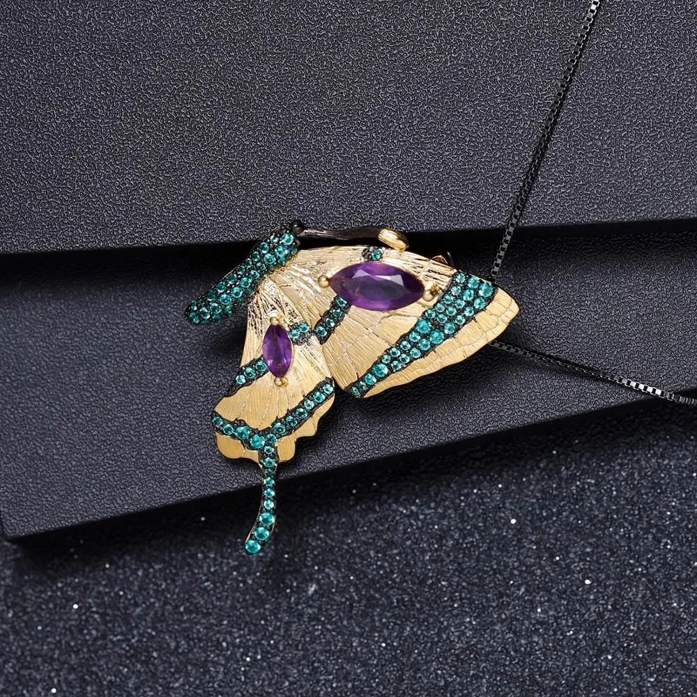 Abiding Butterfly 925 Sterling Silver Jewellery Natural Amethyst Pendant Necklace Gold Plated Brooch