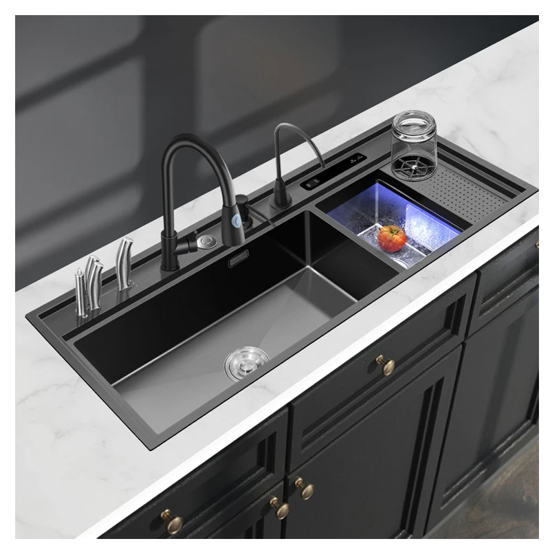 Ультразвуковая очистка многофункциональная черная нано-304 нержавеющая сталь двойная чаша кухонная раковина
