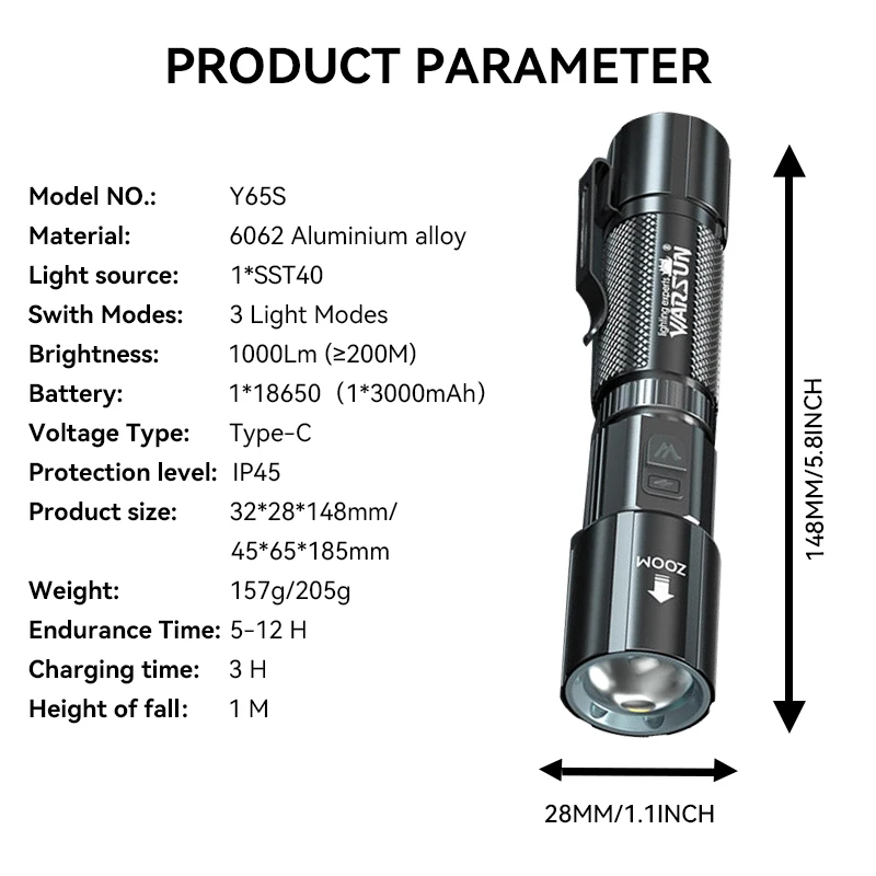 Warsun Y65S Multifunctional high lumen 1000Lm  IP45 battery indicator torch 1000m Long Range Rechargeable Zoomable Flashlight