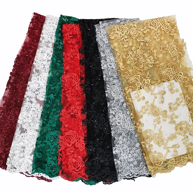 2019 latest cheap gold african lace fabric with pearls
