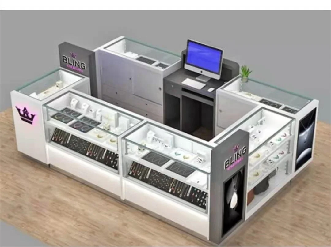 High-end Jewelry Kiosk for Mall Glass Jewelry Display Cabinet with LED Light Modern Mall Kiosk for Jewelry