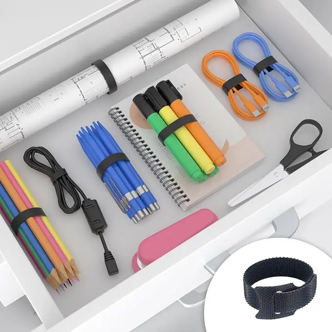 Best-Selling Adjustable Reusable Cable Ties Black Polyester Management for Home Office Desktop Charging Cables