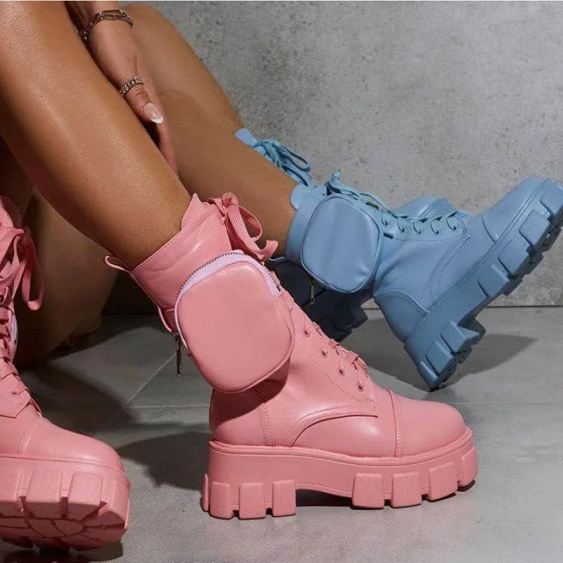 2022 New design women fashion lace-up design pink winter boots high end comfortable ladies boots with bag