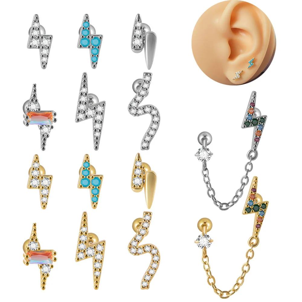 Wholesale 20G Lightning Cartilage Stud Earrings Stainless Steel Cubic Zirconia Lightning Screw Back Studs Earring For Women Man