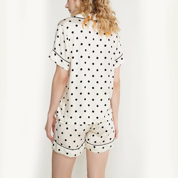 Best Seller Cute Satin Contrast Piping Nightwear Sleepwear Women Ivory Polka Dot Button-Up Shirt & Shorts Two-Piece Pajama Set