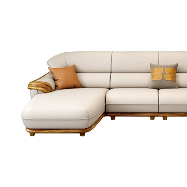 European Style Luxury Ebony Leather and Solid Wood Corner Sofa for Living Room Office Combination Wooden Couch Sofa