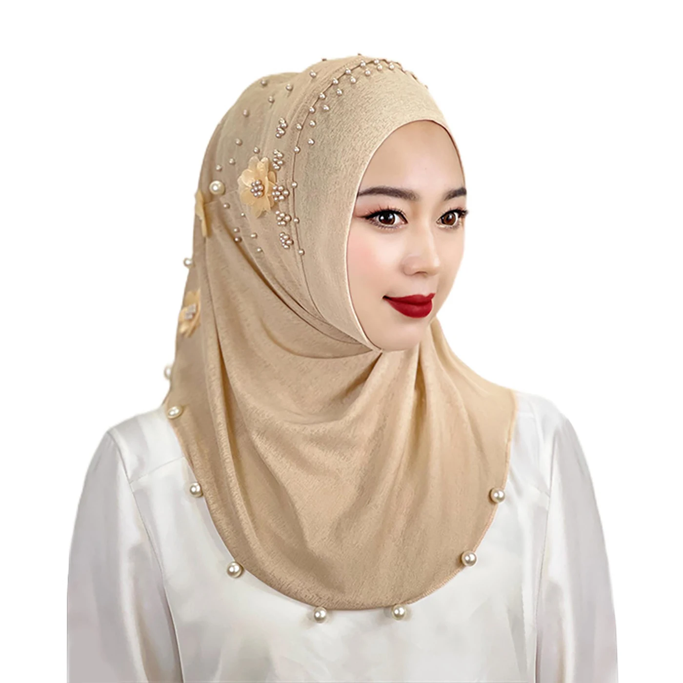 High Quality Muslim Pearl Shawl Pin Beaded Design Women Flower Instant Headscarf Islamic Satin Ladies Hijab
