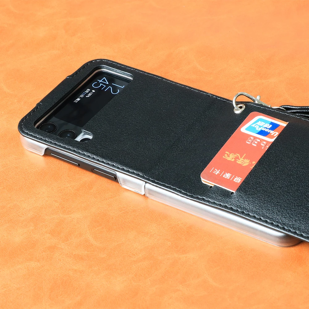Leather Card Slot Phone Case for Samsung Z Flip 3 Hard PC Protective Cover For Galaxy Z Flip3 5G SM-F711B Ultra Slim Phone Case
