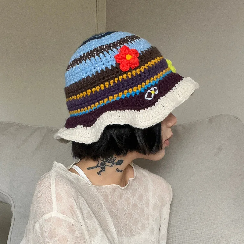 2023 Vintage hollow niche crochet hand 3-dimensional flower contrast plaid flower knitted fisherman hat