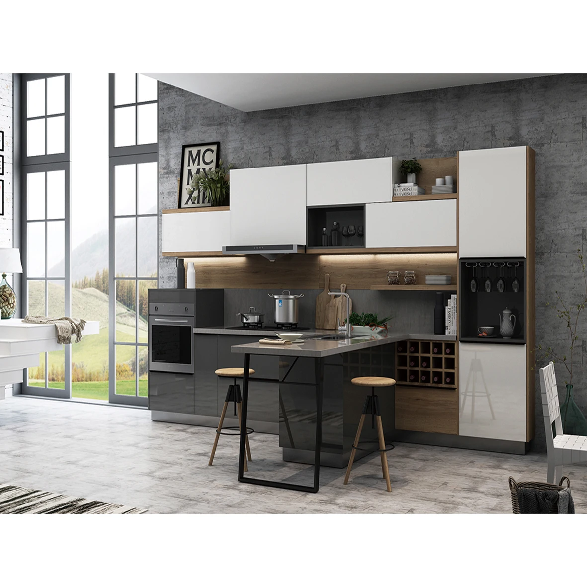 
Hot Sale Wholesale hotel project PVC kitchen cabinets with Insland 