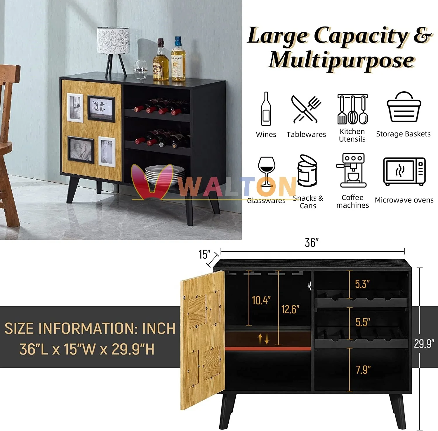 Buffet Cabinet Floor Standing Bar Cabinet Oak Lines Finish Sideboard Kitchen Cabinet Organizer Wine Rack