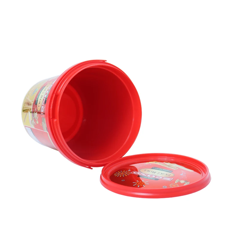 Custom round Printed Logo Color Plastic Bucket with Lid Candy Food Packaging Bucket with Handle for Gasoline or Paint Use