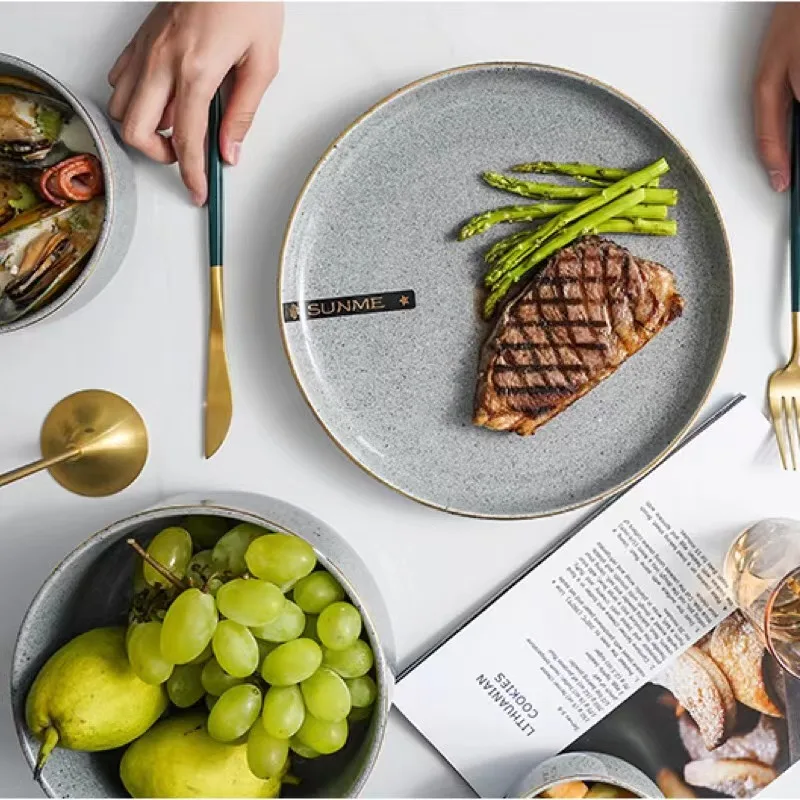 Hotel restaurant customized logo grey ceramic stoneware dinner set luxury plates sets dinnerware
