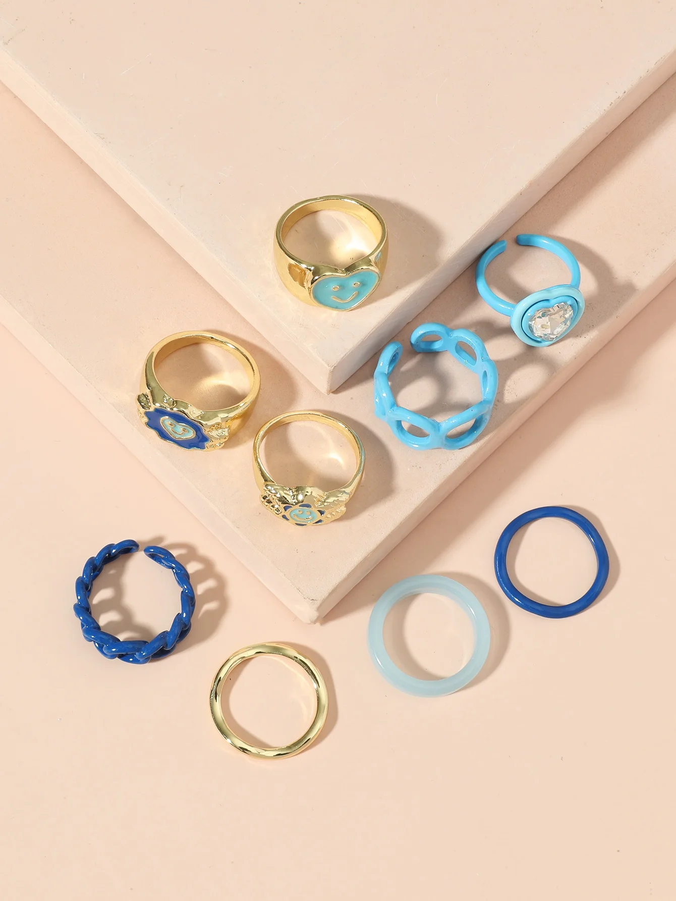 Cool blue resin ring non fading niche geometric ring love smile alloy index finger ring set