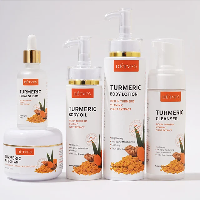 Oem whitening rejuvenating facial anti-acne anti aging skincare product kit natural tumeric skin care set