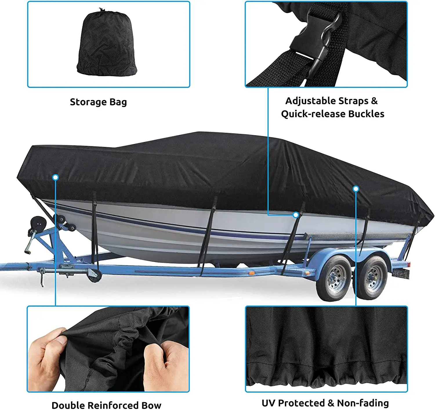 Heavy duty waterproof tractor cover, UV resistant marine class porthole compatible bass boat, V-hull fishing runway boat