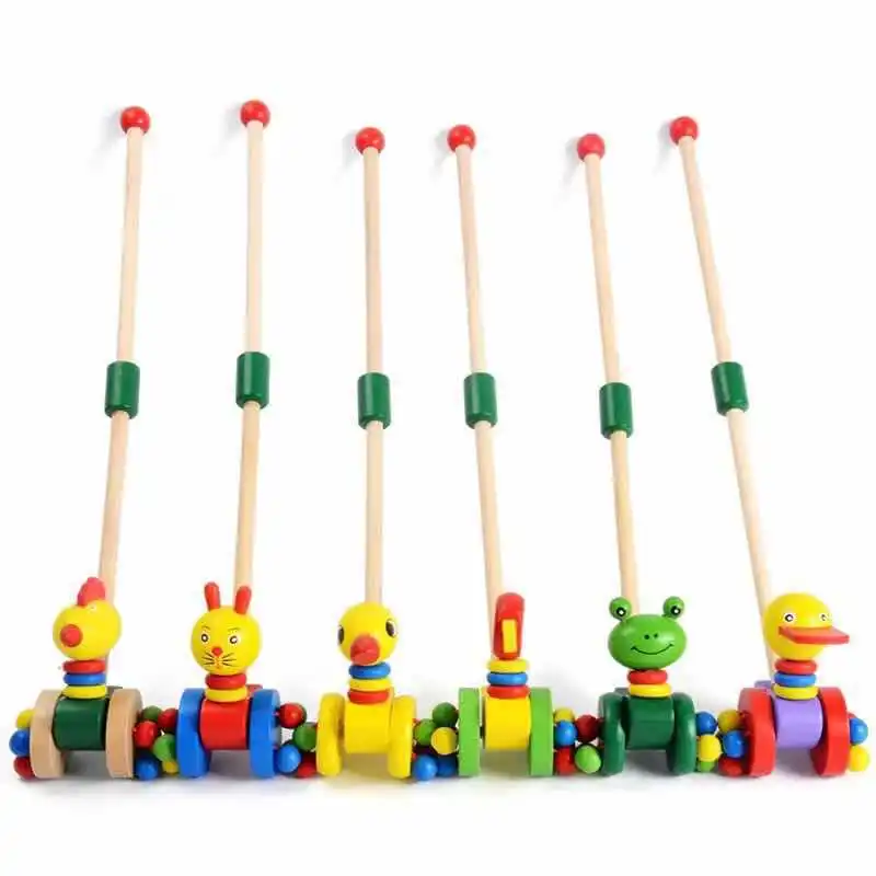 custom Educational Wooden Cute Cartoon Animals Walking Toy Baby Trolley Cart Educational Duck Pushing Walker Toys