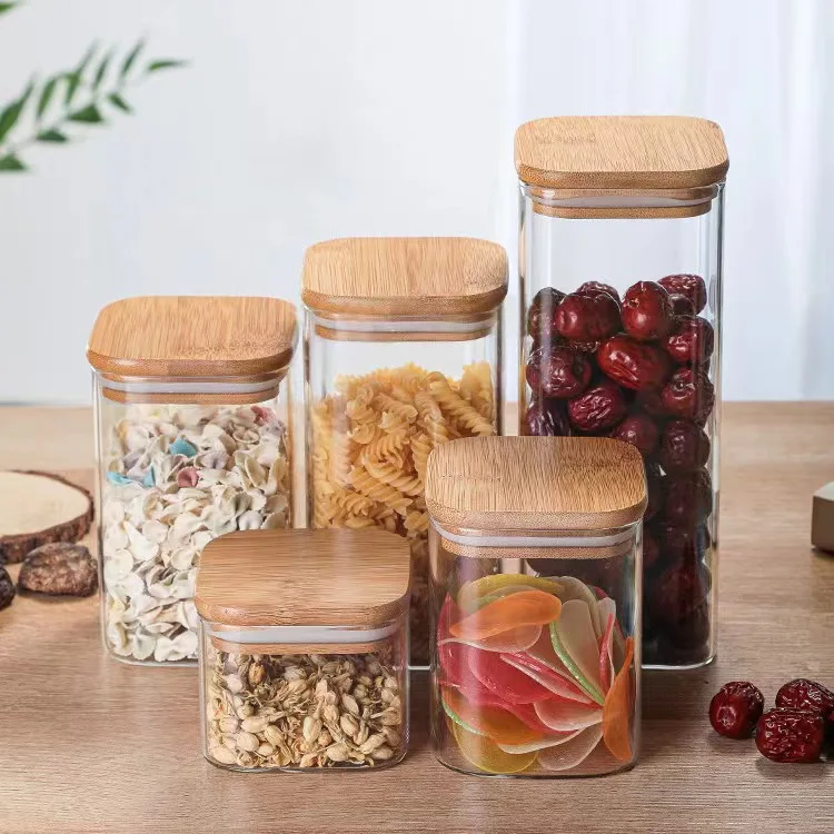 Kitchen Canisters Glass Food Storage Jars with Bamboo Wooden Lids For Sugar,Candy Containers