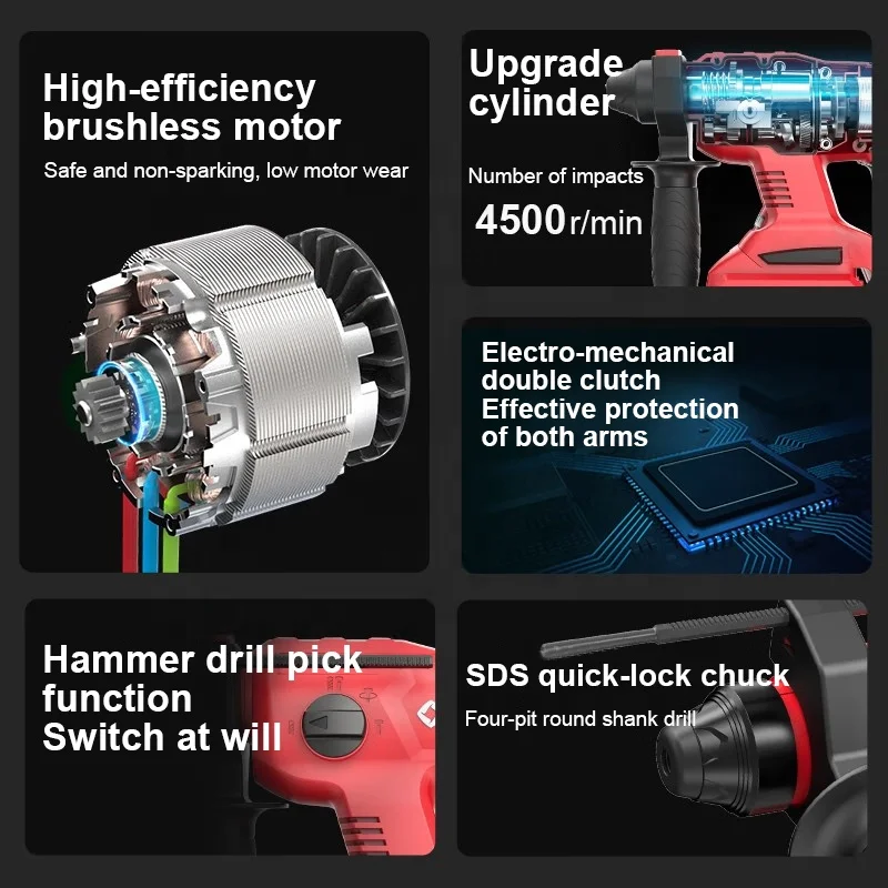 Lithium Battery 1250W Motor Electric Hammer Drill Perforator Rechargeable Cordless Rotary Hammer Impact Drill