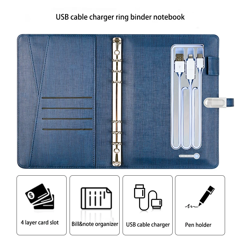 Multi colors binder Factory brand a5 diary notebook with power bank and usb flash drive loose leaf notebook with cable charger