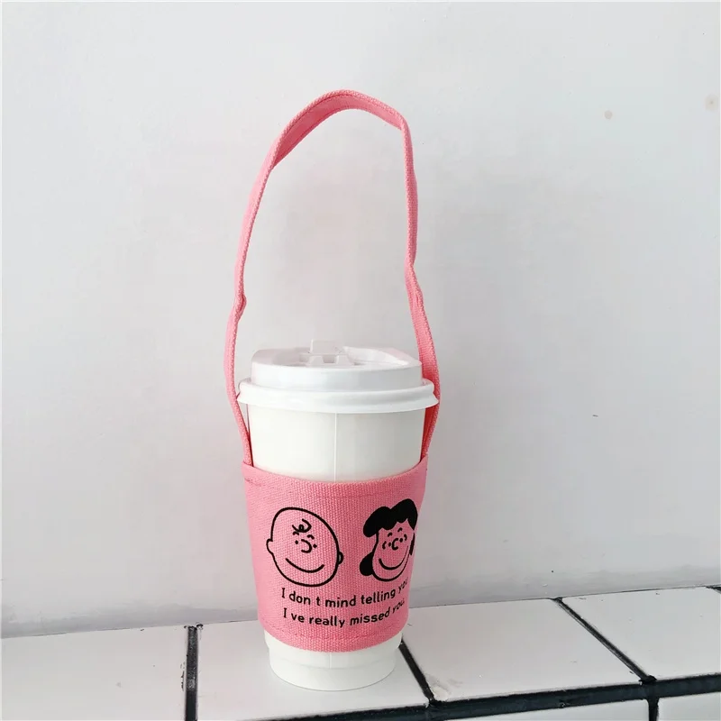 Eco Friendly custom reusable cotton coffee Cup Sleeve with long strap