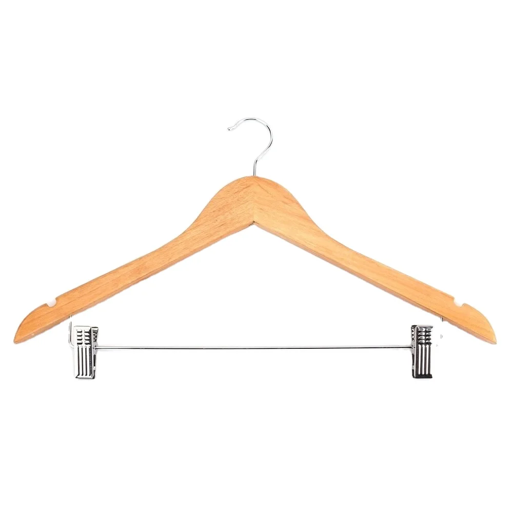 Inspring Wooden Pant Hanger Wooden Suit Hangers with Steel Clips and Hooks, Natural Wood Collection Skirt Hangers